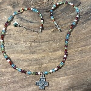 Multicolor Beaded Necklace with Cross Pendant